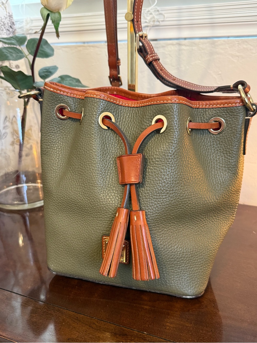 Dooney & Bourke Pebble Grain Small Drawstring Bucket Crossbody Olive Green